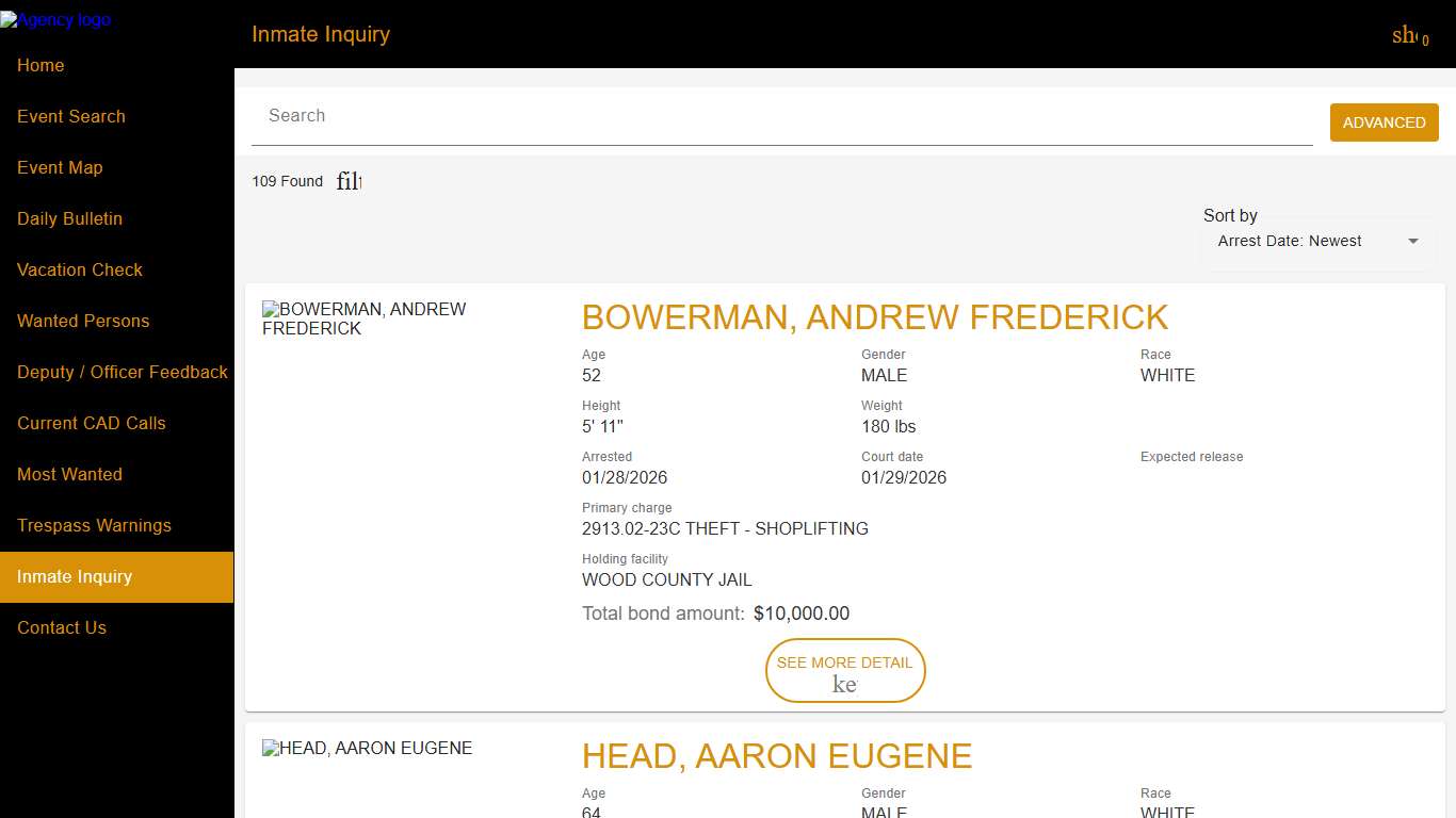 Wood County Sheriff's Office Police to Citizen - Inmates catalog